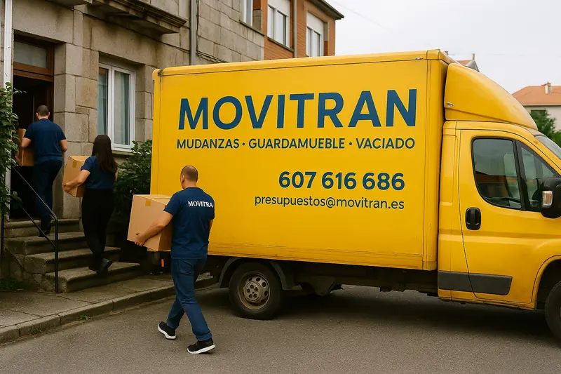 Equipo de mudanzas en Vigo movitran Movitran realizando una mudanza con camión amarillo corporativo