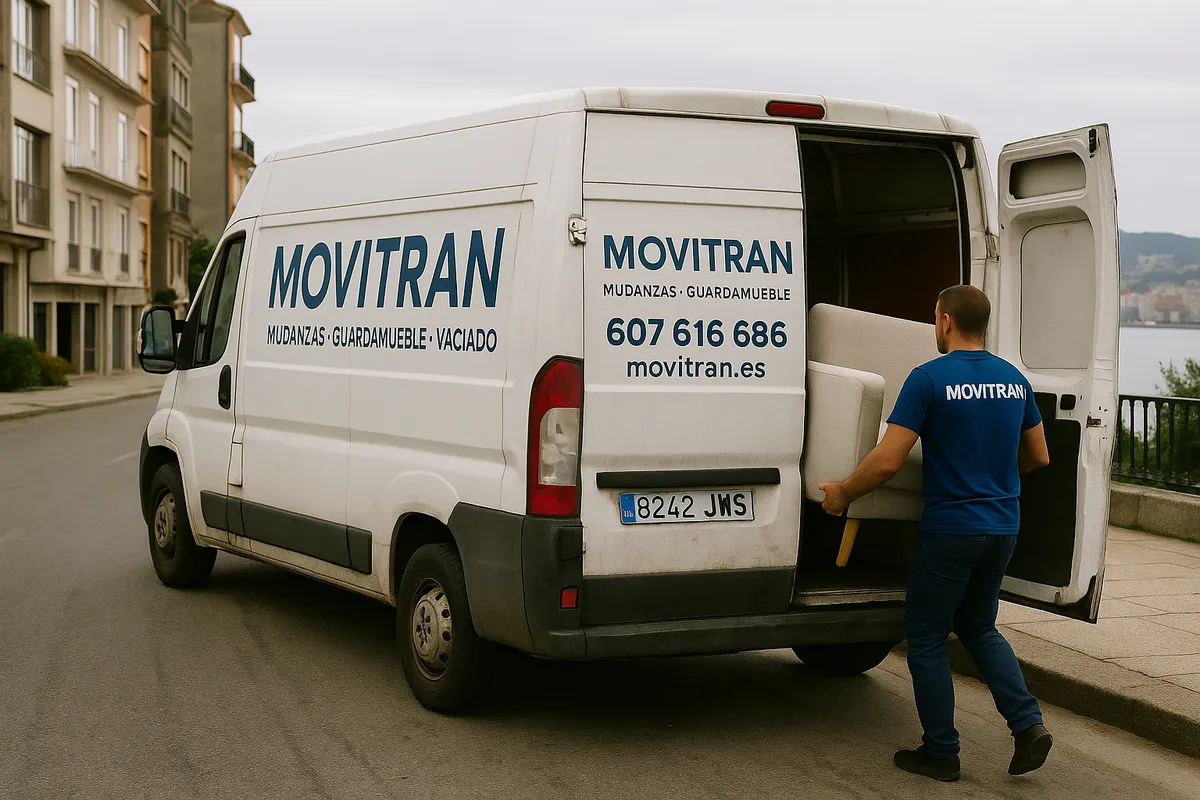 Operario de Movitran realizando portes y muanzas un sillón en la furgoneta blanca de la empresa en Vigo.