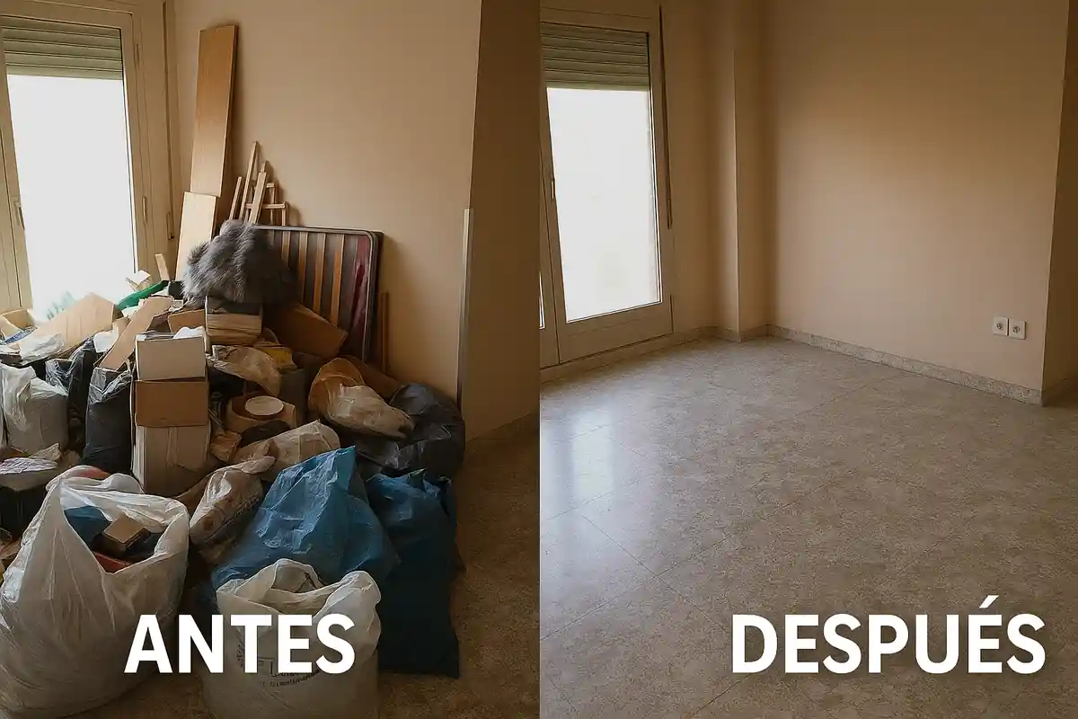 Comparativa de vaciado de pisos: habitación llena de trastos antes y completamente vacía después.